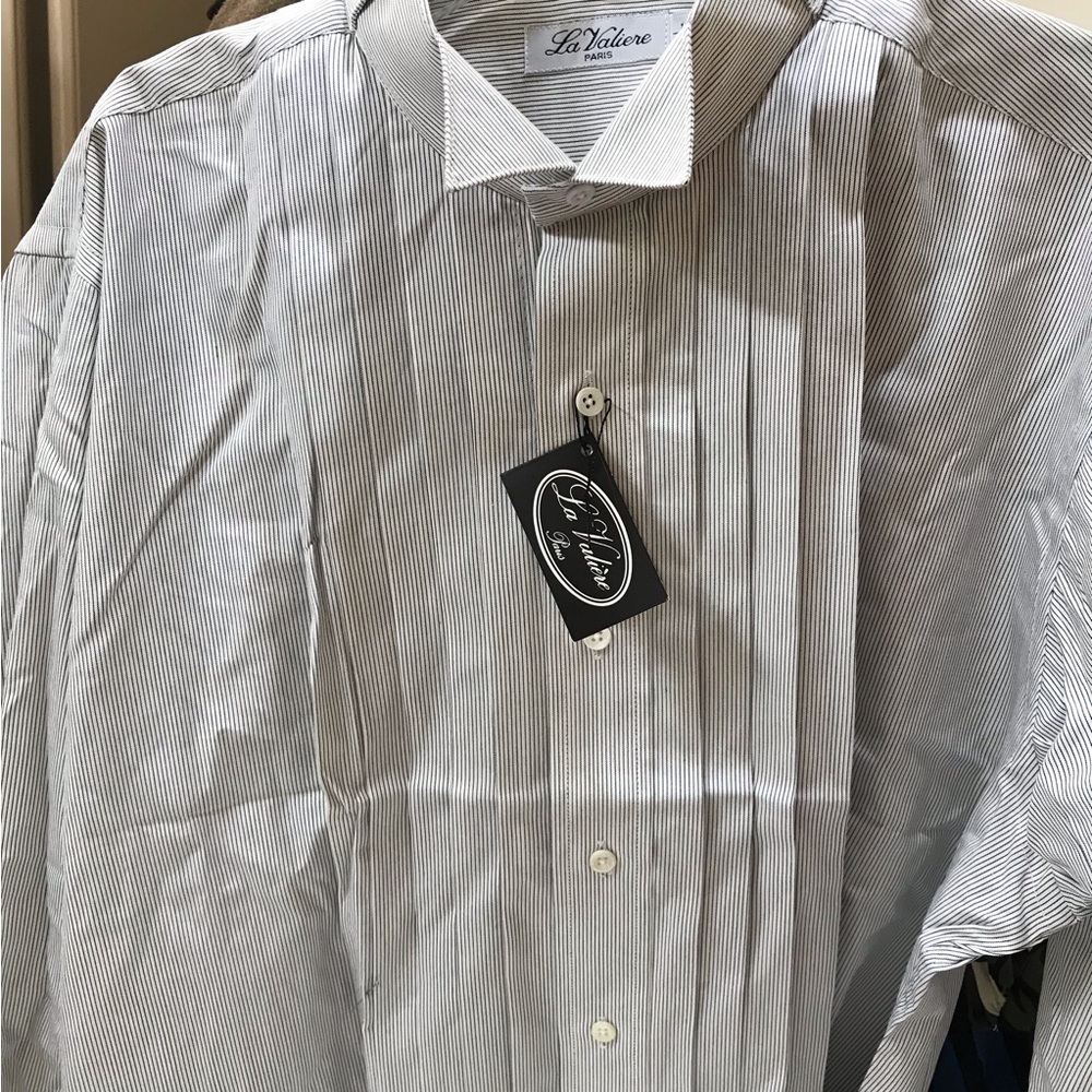La Valiere Tuxedo Shirt Men 16/35 White Black Striped Button Up French Cuff Prep